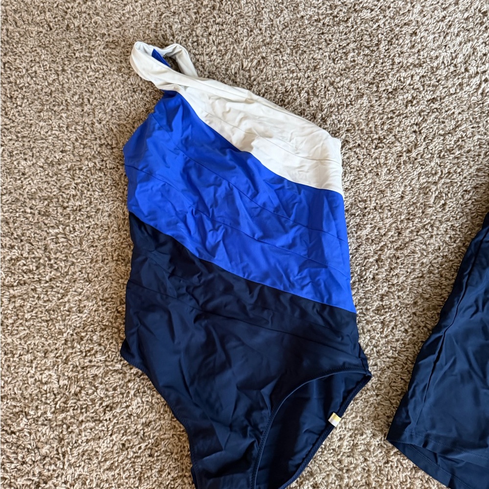 Summersalt Blue and White one shoulder Swimsuit with blue coverup skirt - Picture 2 of 5
